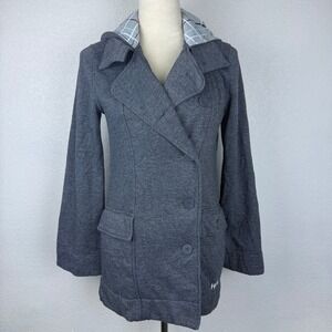 Hurley Women's Gray Double Breasted Hooded‎ Pea Coat Jacket XS Plaid Lined Hood